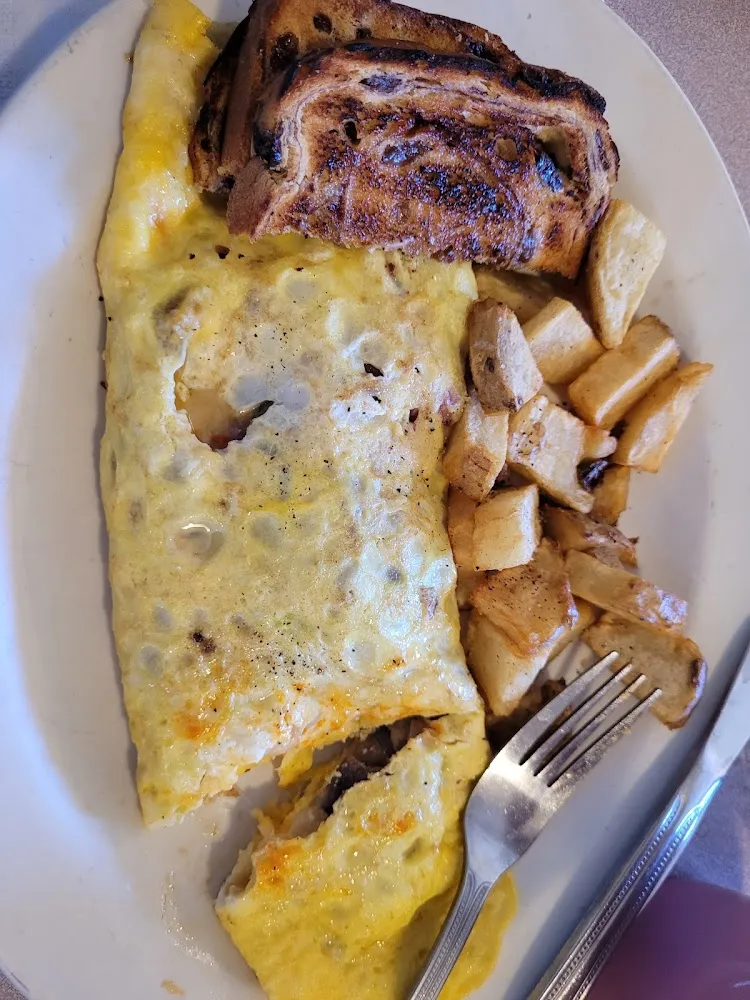 Philly Cheesesteak Omelet Raisin Toast and Home Fries